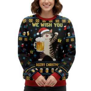 Cute Cat Drinking Beer Christmas Ugly Sweater 2