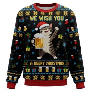 Cute Cat Drinking Beer Christmas Ugly Sweater