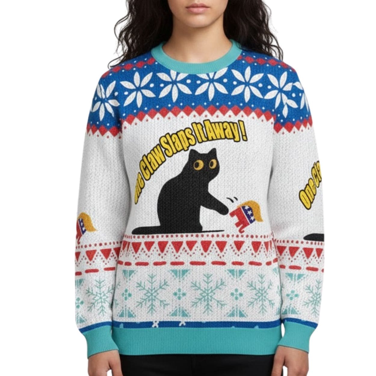 FDT Black Cat One Claw Slaps It Away Ugly Christmas Sweater FDT Black Cat One Claw Slaps It Away Ugly Christmas Sweater