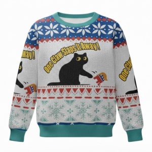 FDT Black Cat One Claw Slaps It Away Ugly Christmas Sweater