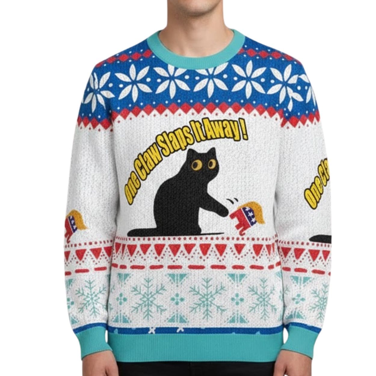 FDT Black Cat One Claw Slaps It Away Ugly Christmas Sweater FDT Black Cat One Claw Slaps It Away Ugly Christmas Sweater