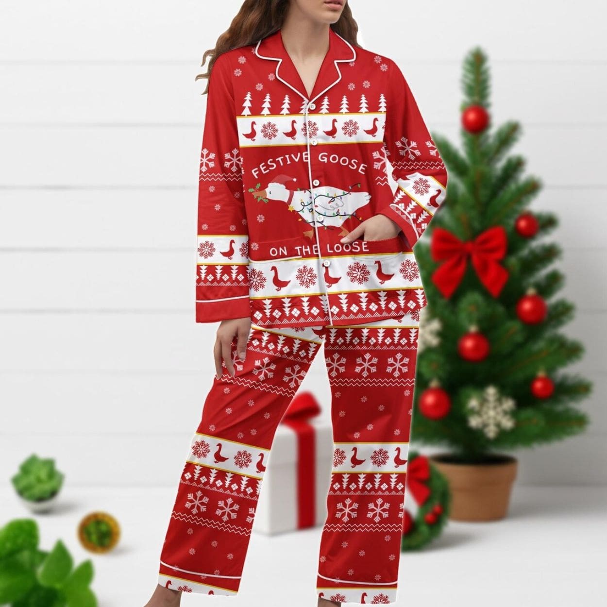 Festive Goose On The Loose Pajamas Set Festive Goose On The Loose Pajamas Set