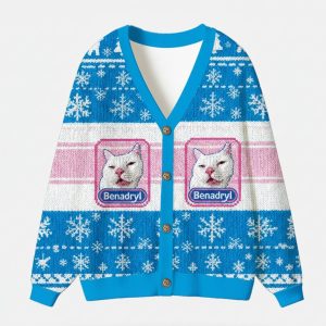 Funny Benadryl Meme Cat Ugly Cardigan Sweater 2