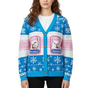 Funny Benadryl Meme Cat Ugly Cardigan Sweater