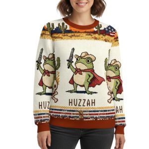 Funny Huzzah Frog With Sword Christmas Ugly Sweater 1 Funny Huzzah Frog With Sword Christmas Ugly Sweater 1