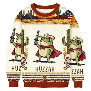 Funny Huzzah Frog With Sword Christmas Ugly Sweater