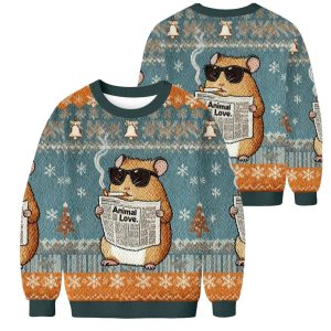 Hamster Reading Newspaper And Smoking Christmas Ugly Sweater 2