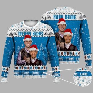 Jared Goff Amon Ra St Brown Detroit Football Ugly Christmas Sweater 1