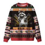 Jesus Loves You And I'm Trying Raccoon Ugly Christmas Sweater