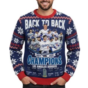 LA Dodgers Back To Back World Series Champions 2024-2025 Ugly Christmas Sweater 1 LA Dodgers Back To Back World Series Champions 2024 2025 Ugly Christmas Sweater