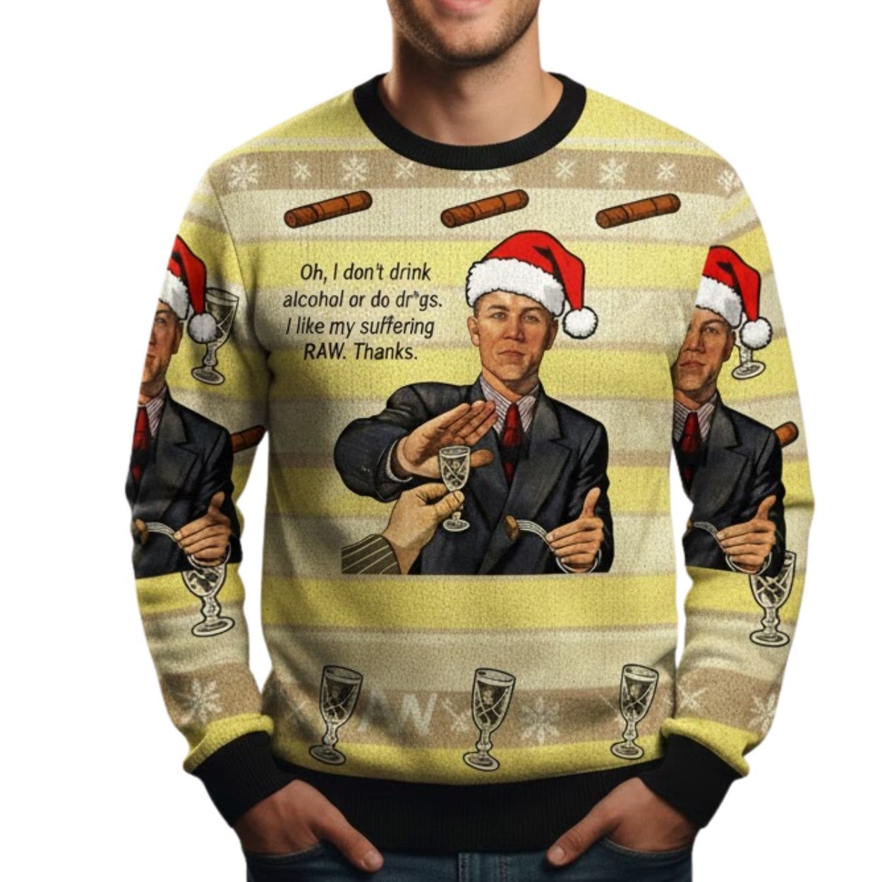 Man Rejecting Drink With I Like My Suffering RAW Christmas Ugly Sweater Man Rejecting Drink With I Like My Suffering RAW Christmas Ugly Sweater