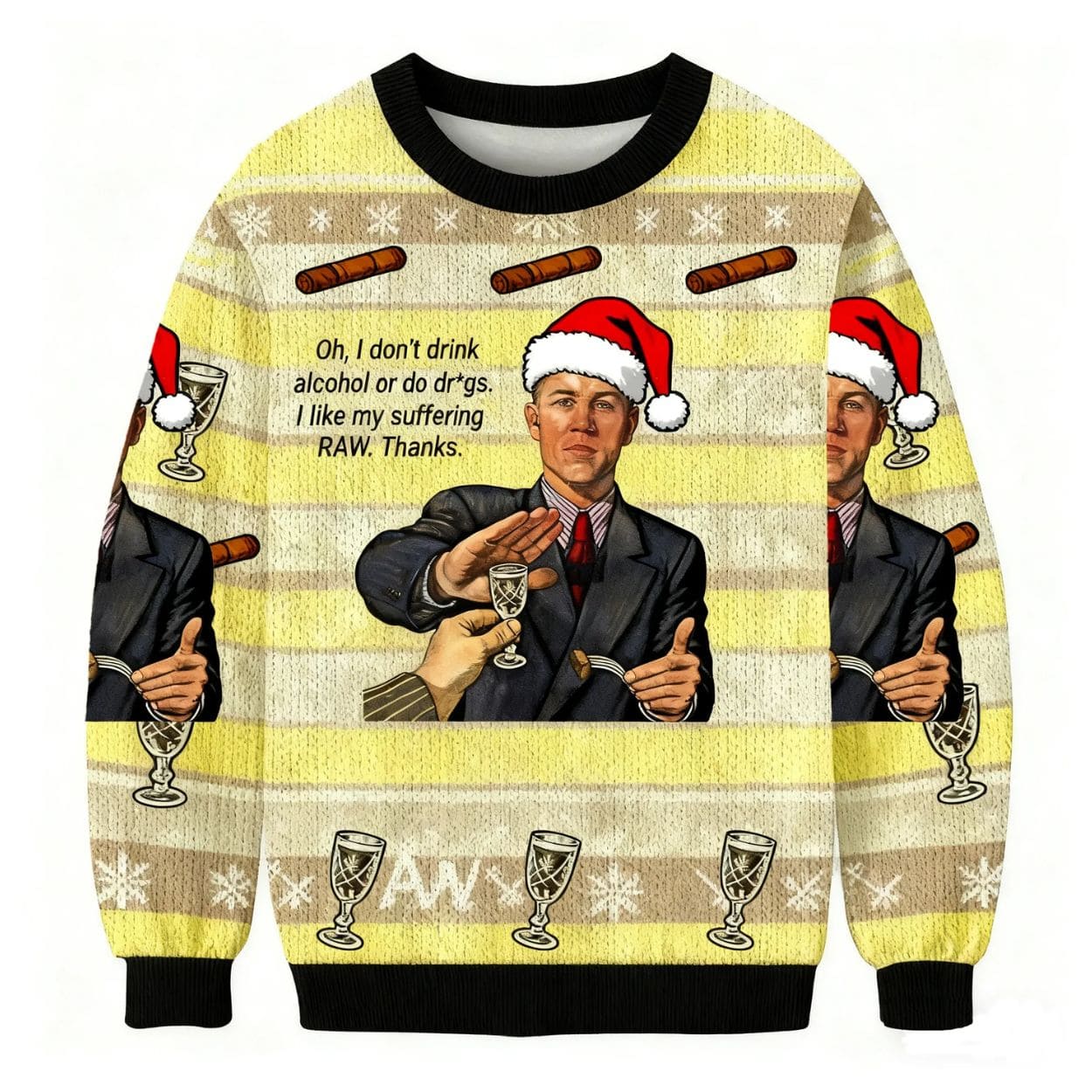 Man Rejecting Drink With I Like My Suffering RAW Christmas Ugly Sweater Man Rejecting Drink With I Like My Suffering RAW Christmas Ugly Sweater