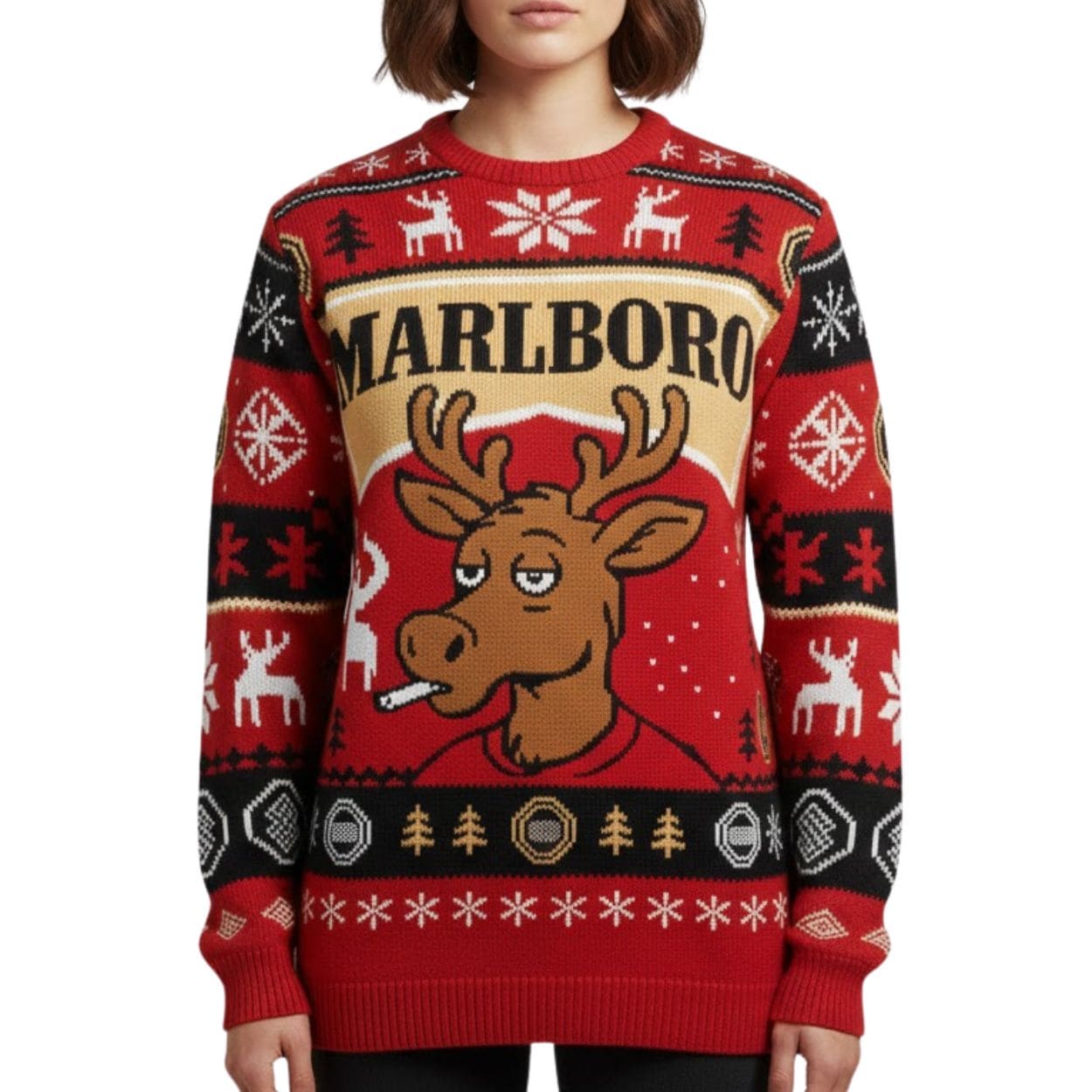 Marlboro Reindeer Smoking Cigarette Christmas Ugly Sweater Marlboro Reindeer Smoking Cigarette Christmas Ugly Sweater