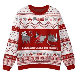 Overstimulated But Festive Possum Ugly Christmas Sweater 1 Overstimulated But Festive Possum Ugly Christmas Sweater