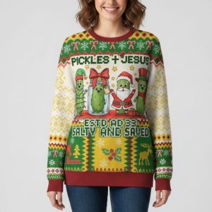 Pickles Jesus ESTD AD 33 Salty And Saved Ugly Christmas Sweater 1