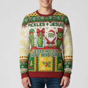 Pickles Jesus ESTD AD 33 Salty And Saved Ugly Christmas Sweater 2