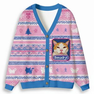 Pink Benadryl Meme Cat Ugly Cardigan Sweater 1