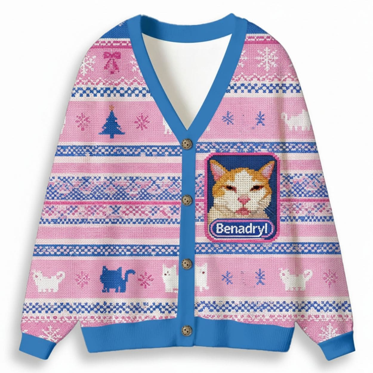 Pink Benadryl Meme Cat Ugly Cardigan Sweater 1 Pink Benadryl Meme Cat Ugly Cardigan Sweater 1