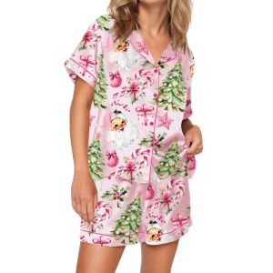 Pink Christmas Santa Silky Satin Pajama Set
