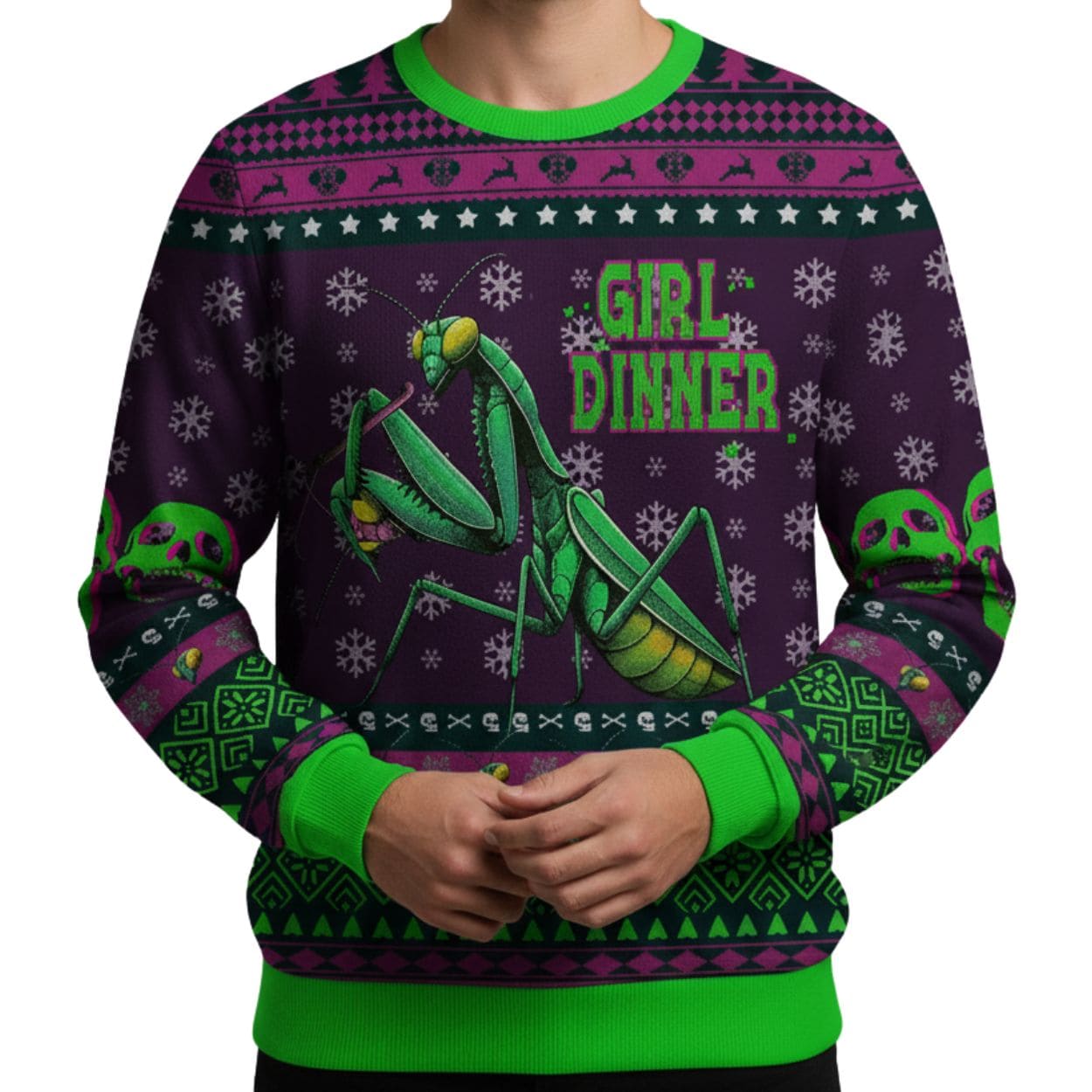 Praying Mantis Girl Dinner Ugly Christmas Sweater Praying Mantis Girl Dinner Ugly Christmas Sweater