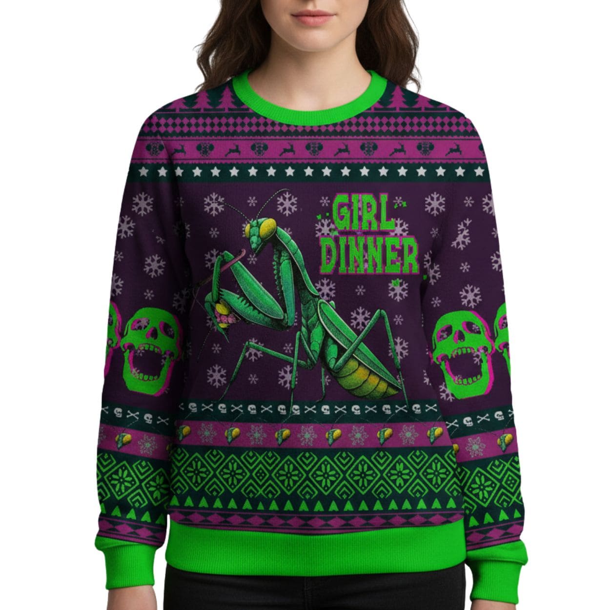 Praying Mantis Girl Dinner Ugly Christmas Sweater Praying Mantis Girl Dinner Ugly Christmas Sweater