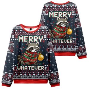 Raccoon With A Lamp Merry Whatever Christmas Ugly Sweater
