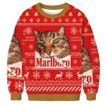 Red Funny Smoking Cat Meme Marlboro Christmas Ugly Sweater