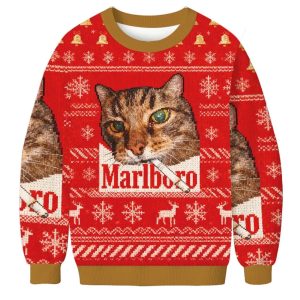 Red Funny Smoking Cat Meme Marlboro Christmas Ugly Sweater