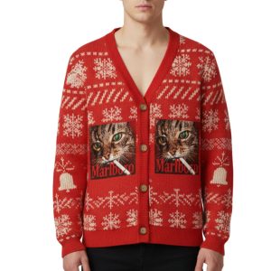 Red Funny Smoking Cat Meme Ugly Cardigan Sweater 2 Red Funny Smoking Cat Meme Ugly Cardigan Sweater 1