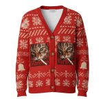 Red Funny Smoking Cat Meme Ugly Cardigan Sweater