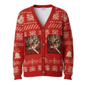 Red Funny Smoking Cat Meme Ugly Cardigan Sweater 2