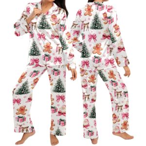 Santa Gingerbread Tree Bow Pajamas Set 1
