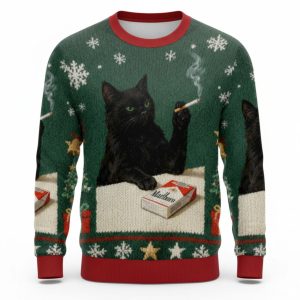 Smoking Marlboro Black Cat Meme Christmas Ugly Sweater