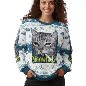Smoking Meowboro Cat Christmas Ugly Sweater 1