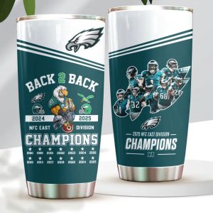 Philadelphia Eagles 2025 Back-to-Back NFC East Division Champions stainless steel tumbler by Icestork. Available in 20oz and 30oz sizes, featuring a midnight green and white design with the Eagles logo, mascot, and a list of championship years from 1980 to 2025.