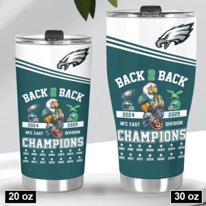 Philadelphia Eagles 2025 Back-to-Back NFC East Division Champions stainless steel tumbler by Icestork. Available in 20oz and 30oz sizes, featuring a midnight green and white design with the Eagles logo, mascot, and a list of championship years from 1980 to 2025.