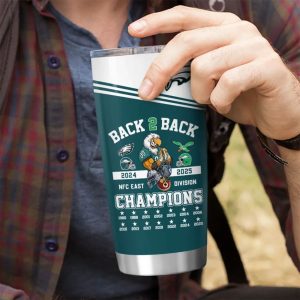 Philadelphia Eagles 2025 Back-to-Back NFC East Division Champions stainless steel tumbler by Icestork. Available in 20oz and 30oz sizes, featuring a midnight green and white design with the Eagles logo, mascot, and a list of championship years from 1980 to 2025.