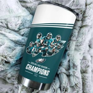Philadelphia Eagles 2025 Back-to-Back NFC East Division Champions stainless steel tumbler by Icestork. Available in 20oz and 30oz sizes, featuring a midnight green and white design with the Eagles logo, mascot, and a list of championship years from 1980 to 2025.
