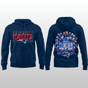 Navy blue cotton New England Patriots 2025 Playoffs Clinched hoodie by Icestork