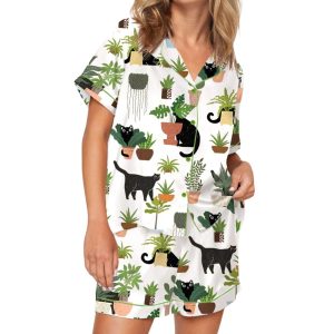 Cats And Plants Silky Satin Pajama Set 1