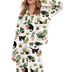 Cats And Plants Silky Satin Pajama Set
