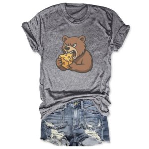 Eating Cheese Chicago Bears Rivalry Tee 1 Grey cotton t-shirt by Icestork featuring a fierce brown bear mascot biting into a large block of Swiss cheese.