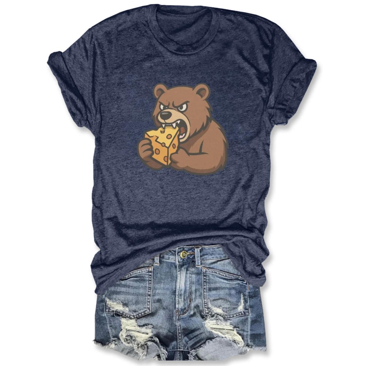 Eating Cheese Chicago Bears Rivalry Tee Navy blue cotton t-shirt by Icestork featuring a fierce brown bear mascot biting into a large block of Swiss cheese.
