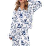 French Bulldog Blue Toile Silky Satin Pajama Set