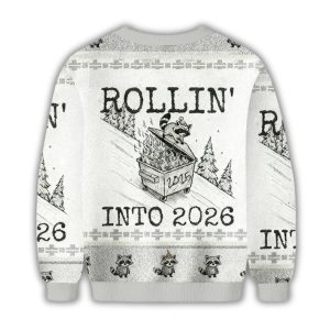 Funny Raccoon Rollin' Into 2026 Christmas Ugly Sweater 2 Funny Raccoon Rollin' Into 2026 Christmas Ugly Sweater 1