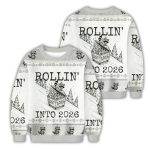 Funny Raccoon Rollin' Into 2026 Christmas Ugly Sweater