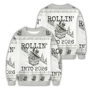 Funny Raccoon Rollin’ Into 2026 Christmas Ugly Sweater