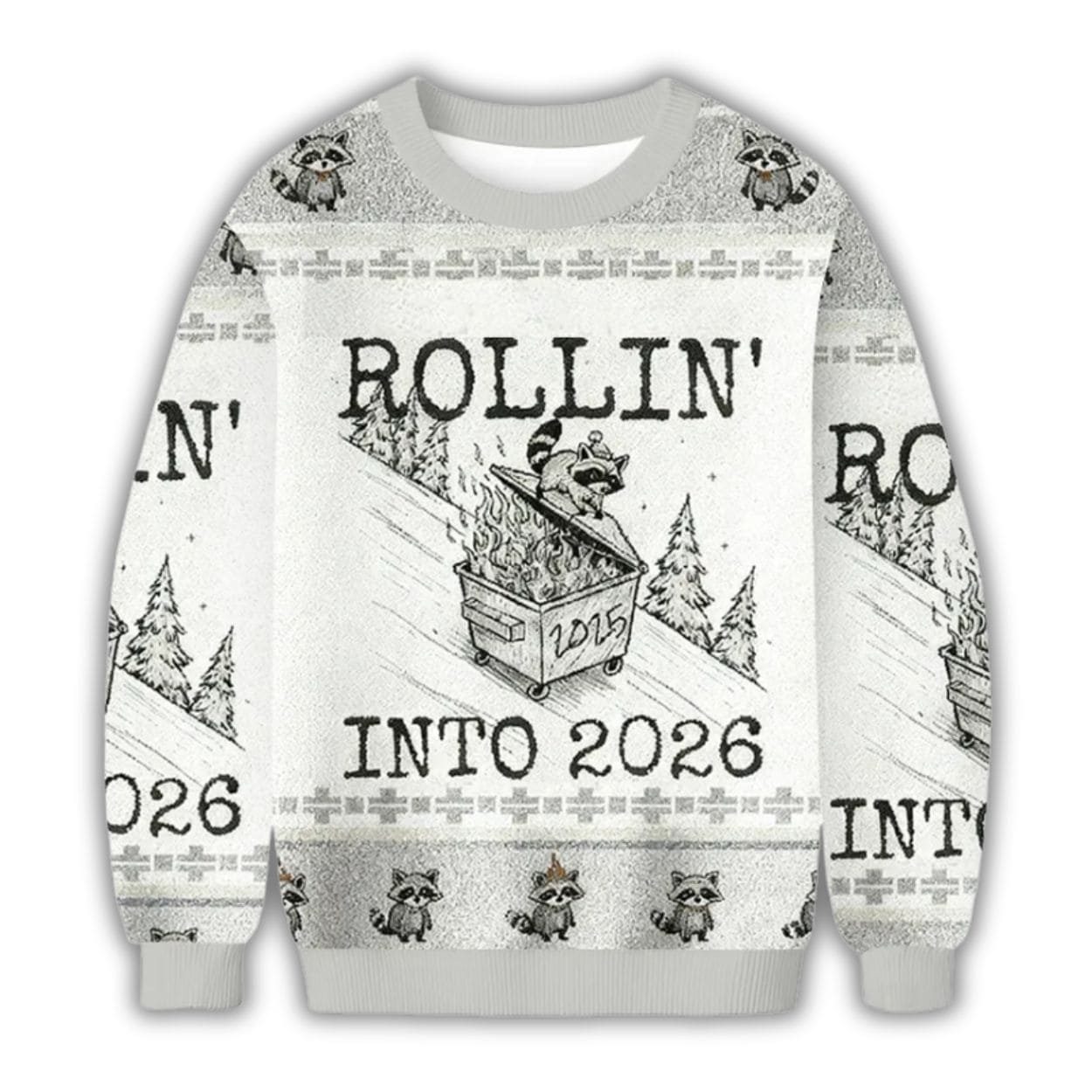 Funny Raccoon Rollin’ Into 2026 Christmas Ugly Sweater Funny Raccoon Rollin’ Into 2026 Christmas Ugly Sweater