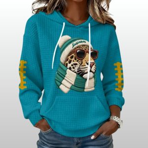 Jaguars Mascot Wearing Beanie Football Print Waffle Hoodie 2