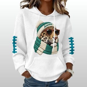 Jaguars Mascot Wearing Beanie Football Print Waffle Hoodie